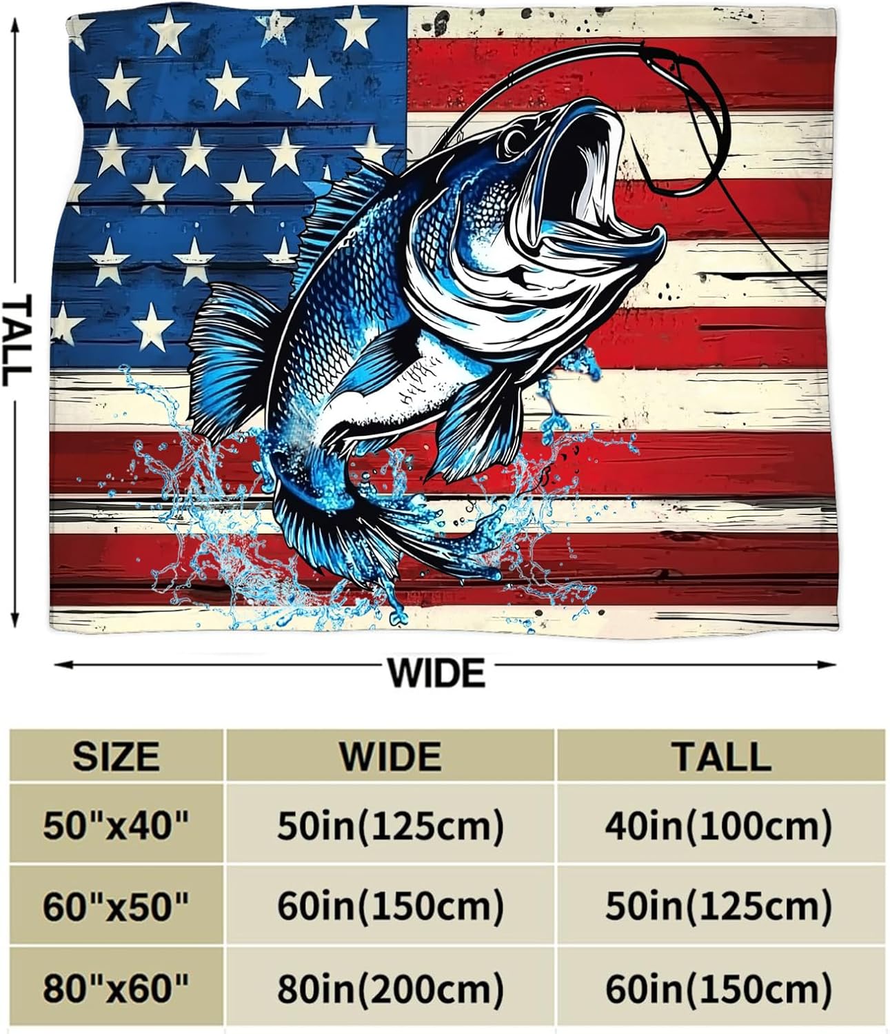 Bass Fish Blanket American Flag Fishing Throw Blankets Gifts for Girls Boys Kids Fishing Lover Soft Cozy Fleece Plush for Couch Sofa Bed 50"x40"