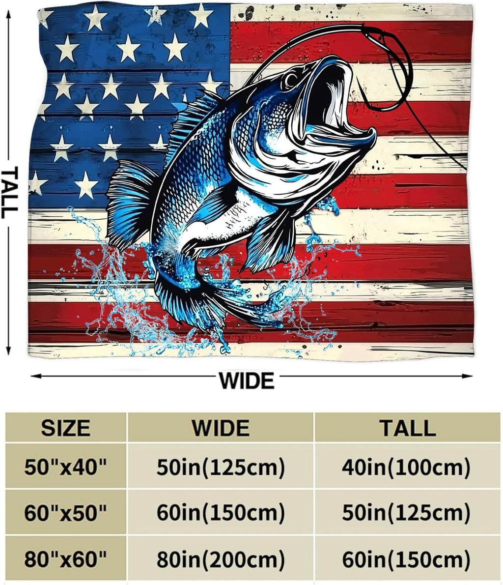 Bass Fish Blanket American Flag Fishing Throw Blankets Gifts for Girls Boys Kids Fishing Lover Soft Cozy Fleece Plush for Couch Sofa Bed 60"x50"