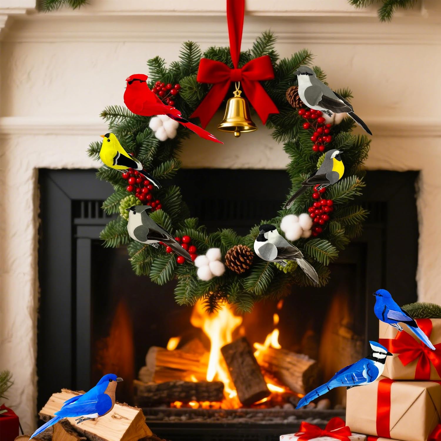 Artificial Birds Ornaments Christmas Tree Decoration Clip on Birds 9pcs Assorted Realistic Red Blue Feathered Fake Song Bird Figurines for Wreath Craft Xmas Party Decor