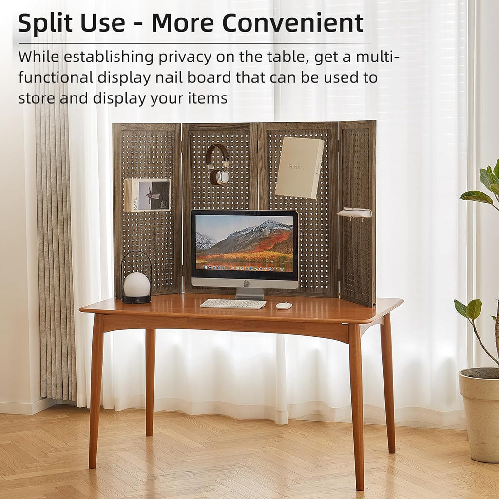 5.6Ft Wood PegBoard Room Divider 4 Panel Detachable Folding Privacy Screen Pegboard Display 33.5" 2in1 Standalone Portable Wall Divider Room Partition for Jewelry, Craft Show, Bedroom-Brown