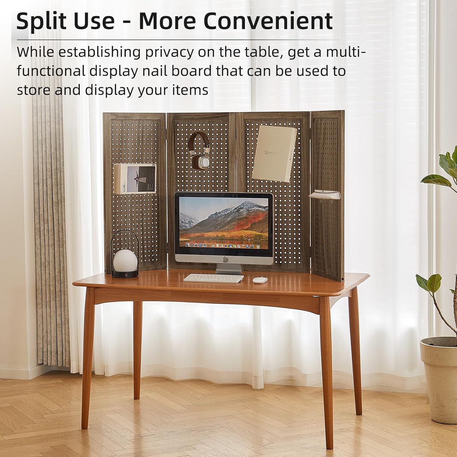 5.6Ft Wood PegBoard Room Divider 4 Panel Detachable Folding Privacy Screen Pegboard Display 33.5" 2in1 Standalone Portable Wall Divider Room Partition for Jewelry, Craft Show, Bedroom-Brown