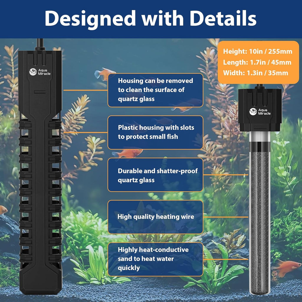 AquaMiracle 500W Submersible Aquarium Heater with LED Digital Display Thermostat, Fish Tank Heater Turtle Heater with Protective Housing, for Tanks 75-120 Gallons