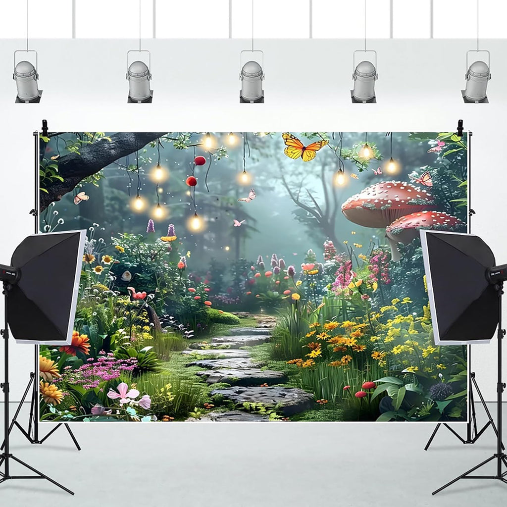 AOFOTO Rainforest Backdrop Colorful Forest Phtography Backdrop Flower Mushroom Butterfly Plants Quiet Path Fairytale Background Photoshoot Background Photo Booth Prop 7x5ft