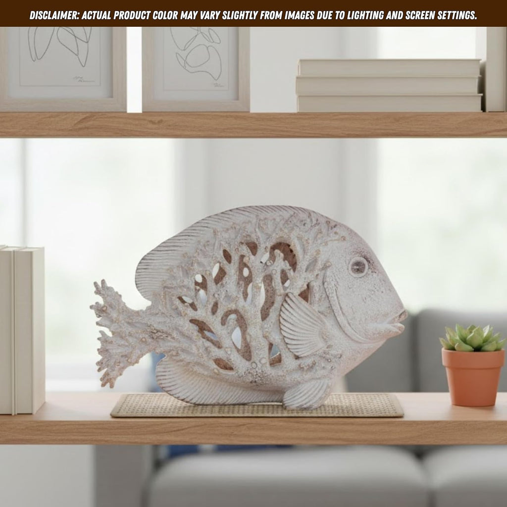 Coral Reef Fish Figurine Coastal Home Decor – Ocean Themed White Accent for Shelf, Countertop & Centerpiece – 12 1/2 Inch Polystone Sculpture