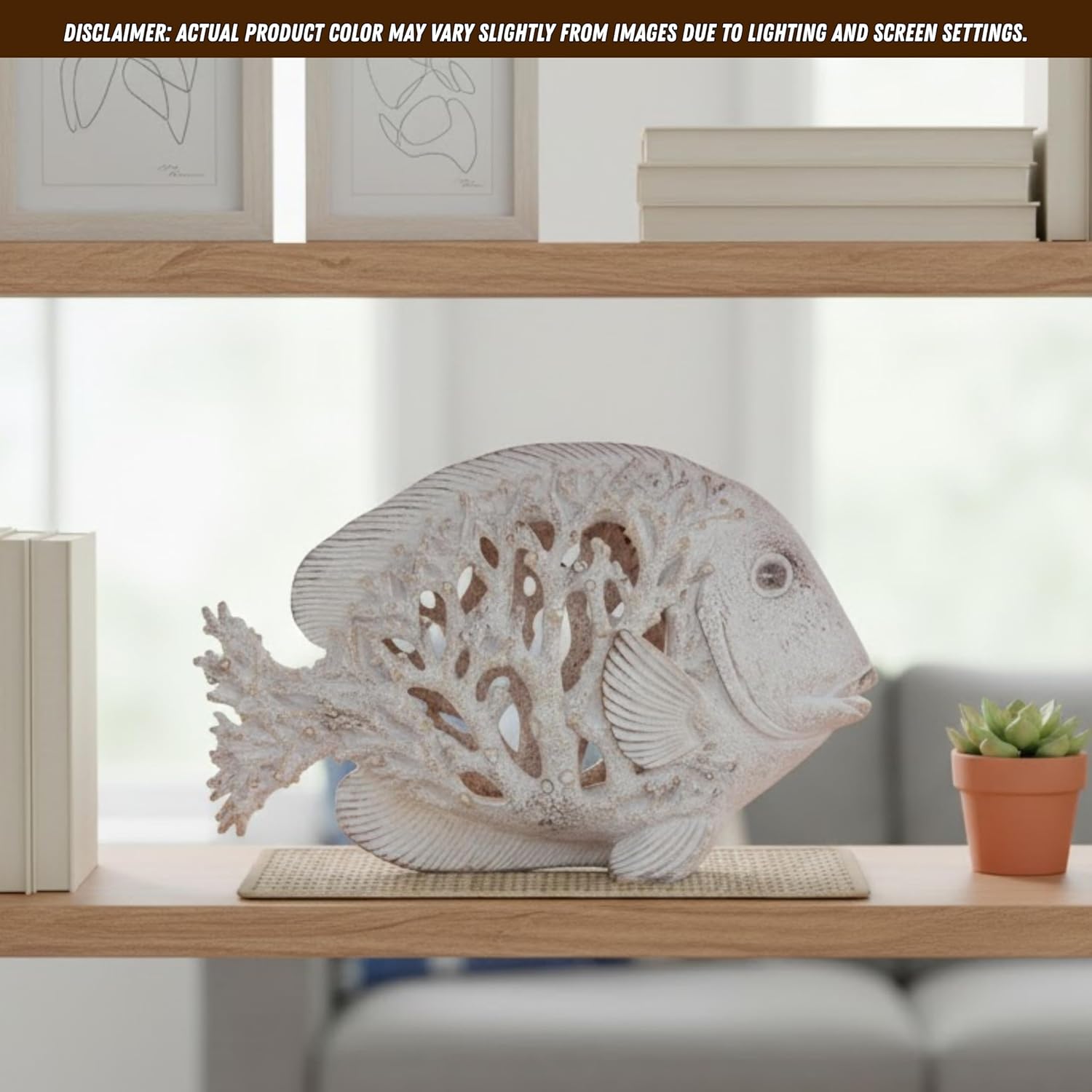 Coral Reef Fish Figurine Coastal Home Decor – Ocean Themed White Accent for Shelf, Countertop & Centerpiece – 12 1/2 Inch Polystone Sculpture