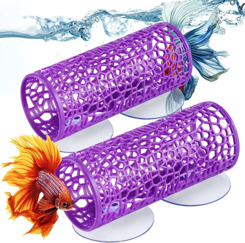 Honeydak 2 Pcs Betta Fish Tank Accessories Betta Tunnel Fish Toys Safe Hollow Hammock Cave Aquarium Decor with Suction Cups for Small Shrimp Reptile Guppies(Purple,Hideout Tube)