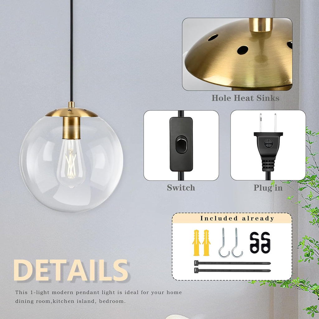 KoKo&Yukina 10" Globe Pendant Light Gold Plug in Pendant Light Adjustable Hanging Lights with Plug in Cord Brushed Gold Finished with Clear Glass Lampshade for Bedroom Kitchen Island（Bulb Included）