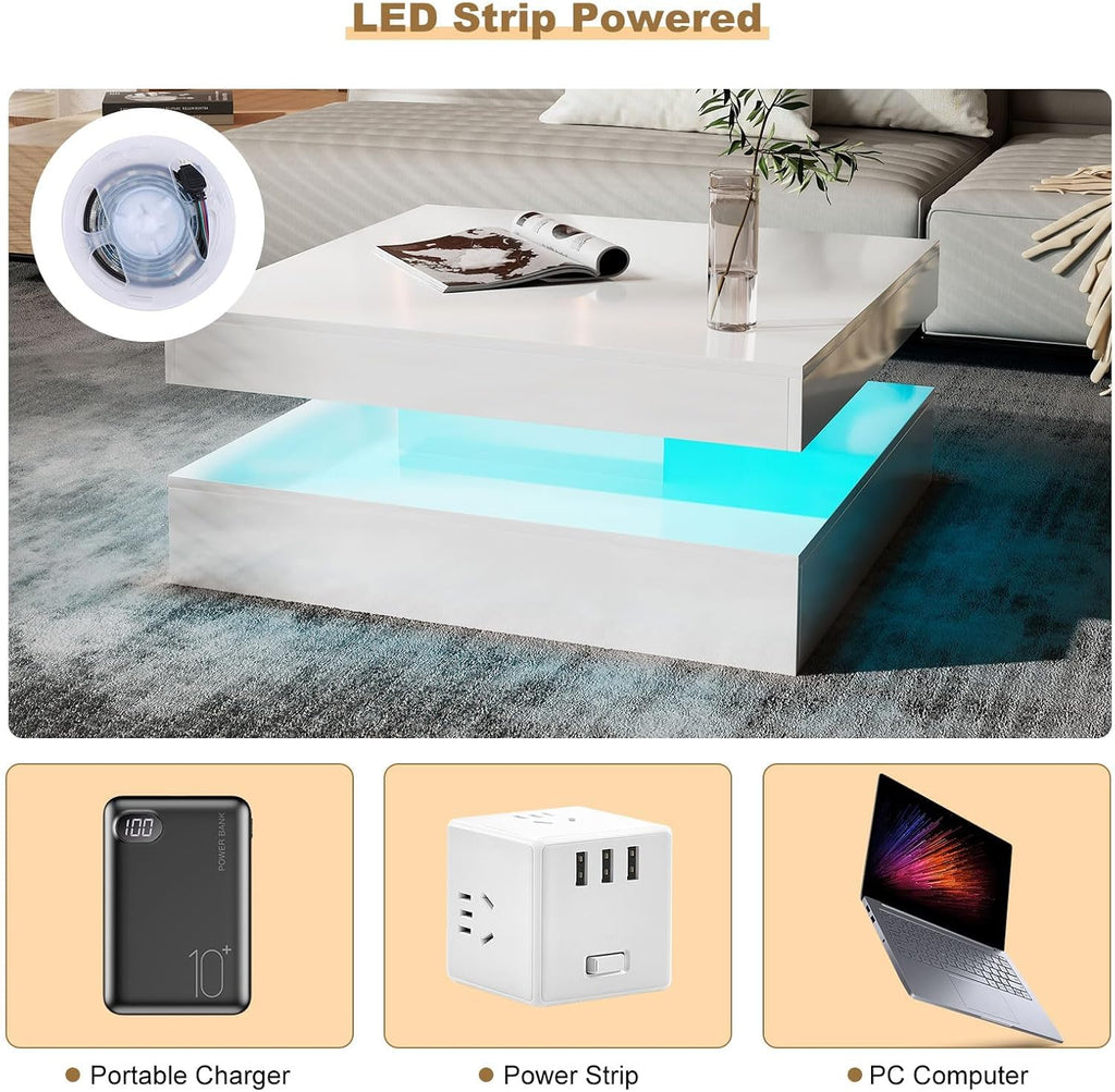 LED Coffee Table for Living Room, Living Room Table 2-Tier Square Center Table, Modern High Glossy Wood Coffee Tables with Storage, 15.7" Tall Tables for Dining Reception, White