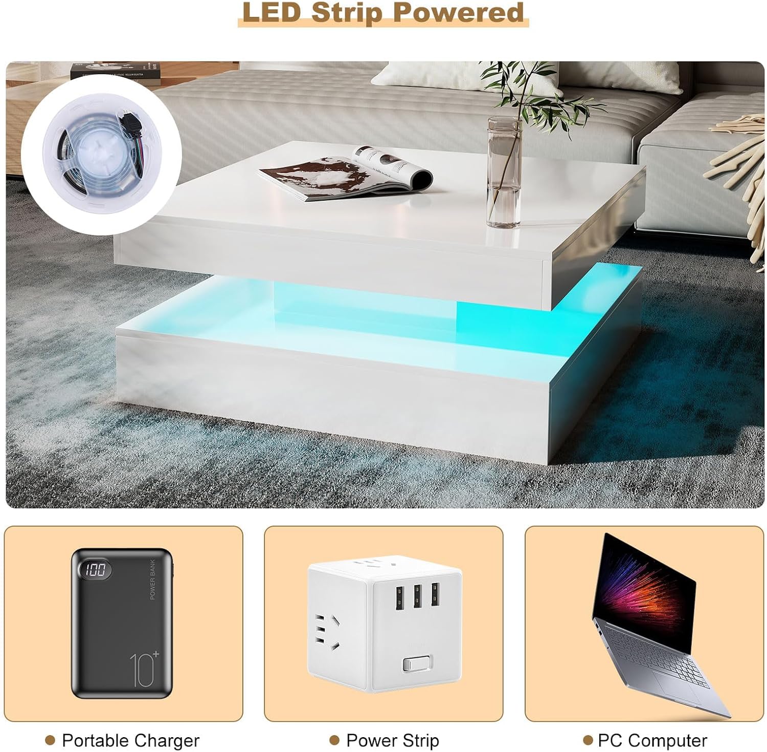 LED Coffee Table for Living Room, Living Room Table 2-Tier Square Center Table, Modern High Glossy Wood Coffee Tables with Storage, 15.7" Tall Tables for Dining Reception, White