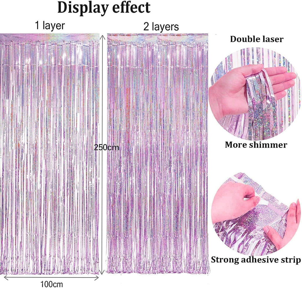 BRAVESHINE Pink Blue Tinsel Foil Fringe Curtains - 2Pcs 3.2x8.2ft Holidays Photo Streamers Backdrop for Christmas/Mermaid/Princess/Easter/Girl or Boy Birthdays/Bridal Shower Party Supplies Decorations