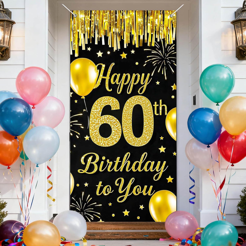 IVN 60th Birthday Door Cover 71x35 Inch Black Gold Birthday Banner for Party Decorations Balloons Stars Fireworks Backdrop Sign for Men Women Photo Booth Prop Wall Decor