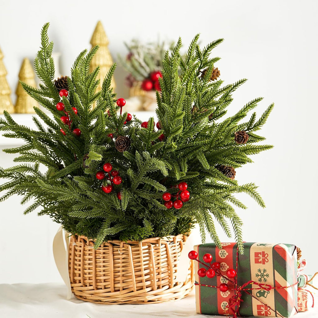 YIYA Christmas Artificial Pine Branches Artificial Norfolk Pine Stems with Red Berry Stems Faux Pine Needles with Pine Cones for Vase Garland Wreath Xmas Decor