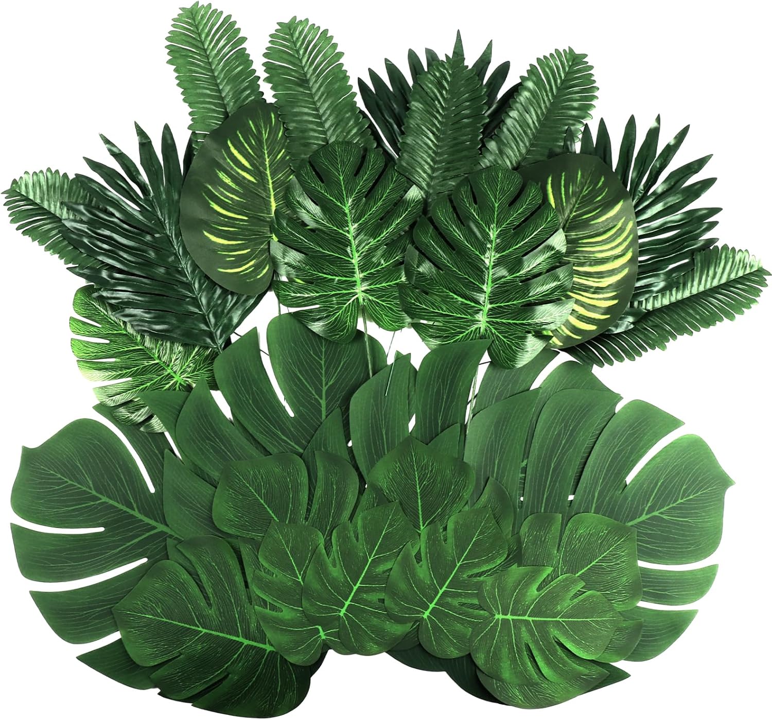 84 Pieces 8 Kinds Artificial Tropical Palm Leaves Safari Jungle Leaves with Stems Leaf Decorations for Hawaiian Luau Party Beach Baby Shower Birthday Theme Table Wedding Decorations