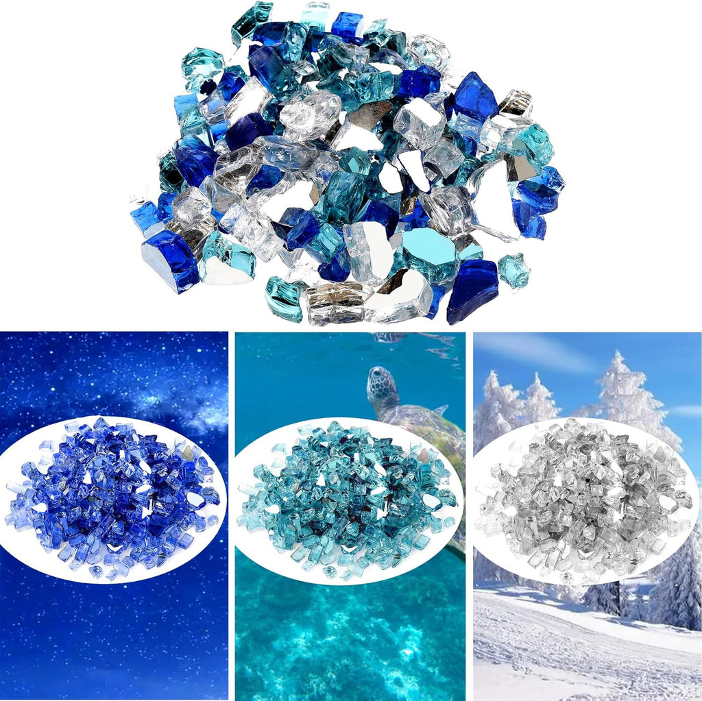 Onlyfire 10 Pounds Blended Reflective Fire Glass for Fire Pit Fireplace and Landscaping, 1/4 Inch Mixed Colored High Luster Fireglass Rocks for Outdoor ＆ Indoor Use - Aqua Blue+Platinum+Cobalt Blue