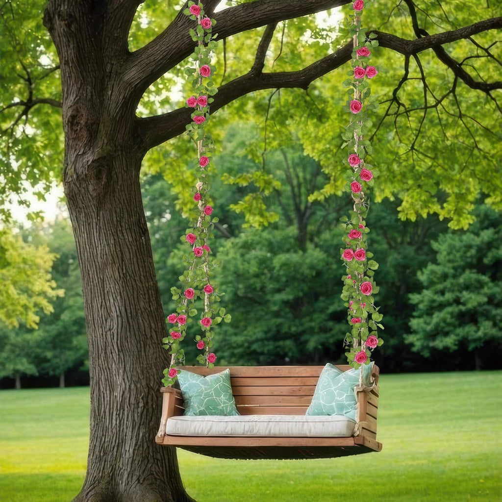 Artificial Roses Vines Flowers Garland Hanging Silk Rose Vine Floral Garland Rose Red UV Resistant Realistic Faux Hanging Flowers Plants Fake Ivy Vines for Outdoor Porch Decor Patio Yard