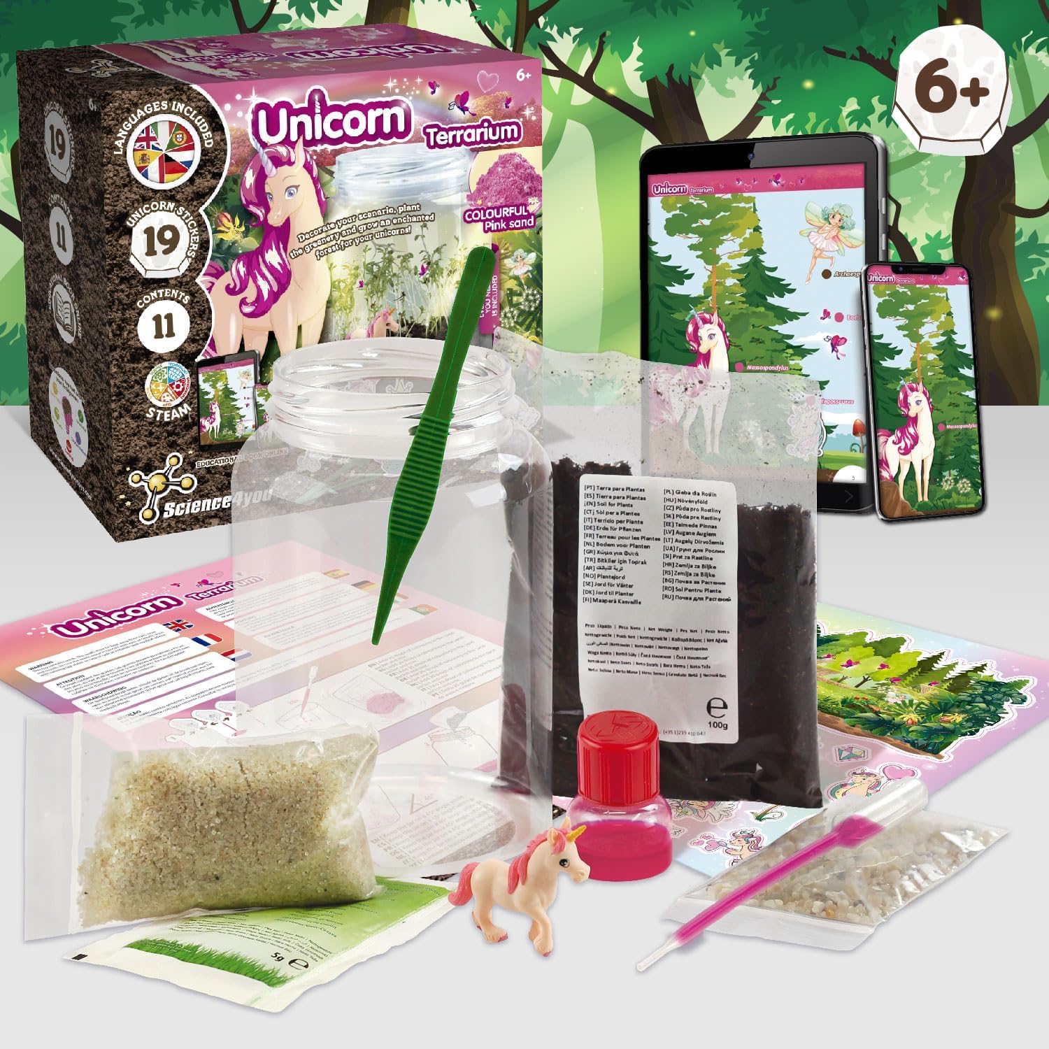 Science4you Unicorn Terrarium Kit for Girls and Boys - Terrarium Starter Kit to Make Your Own Ecosphere, Unicorn Toy + 19 Unicorn Stickers + Pink Sand Included, Game and Gift for Kids 6+ Year olds