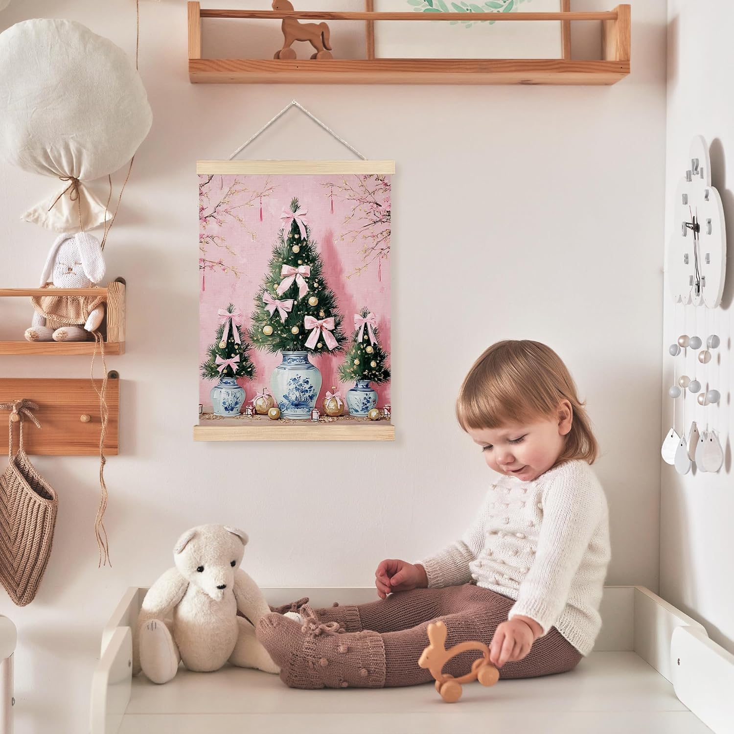 FDHSPAAM Pink Chinoiserie Christmas Tree Wall Art Decor, Pink Christmas Decor, Trendy Holiday Grandmillennial Preppy Bow Tree Wall Art Posters for Home Bedroom Living Room, 12x16 Inch