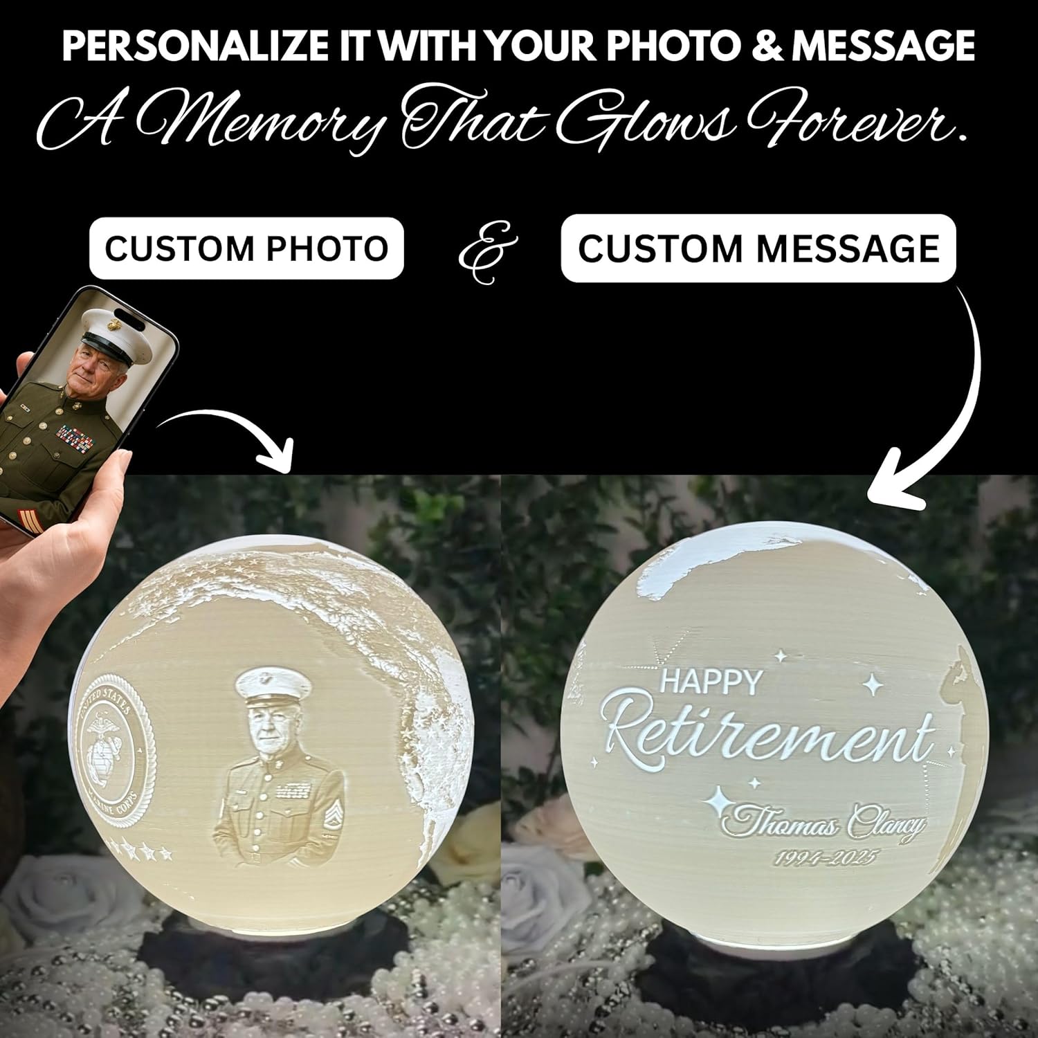 Personalized U.S Marine Retirement Moon Lamp with Custom Photo & Text - Custom USMC Moon NightLight | Military Veteran Gift for Marines, Soldiers, Marine Corps & Service Members