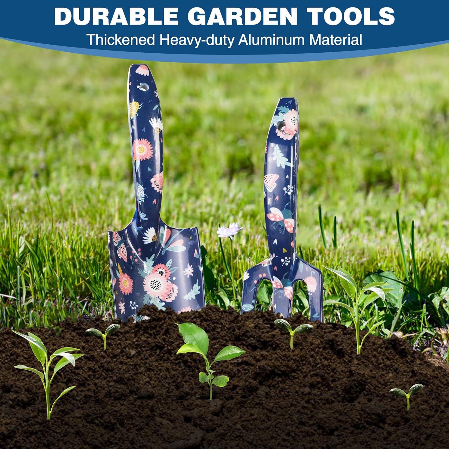 WORKPRO Aluminum Garden Tool Set, 4PCS Heavy Duty Hand Garden Tools with Box Include Trowel, Rake, Pruner, Garden Gloves, Floral and Insect Printing, Garden Gifts