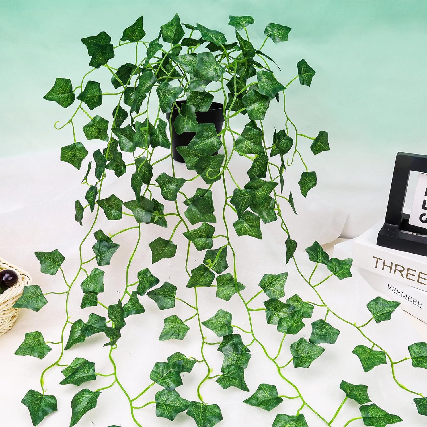 Folmywy 2 Pack Artificial Hanging Plants Vines with Pot Fake Greenery Potted Plant Realistic Ivy Vine Leaves Decoration for Wall Home Windowsill Shelf Living Room Indoor Outdoor Decor