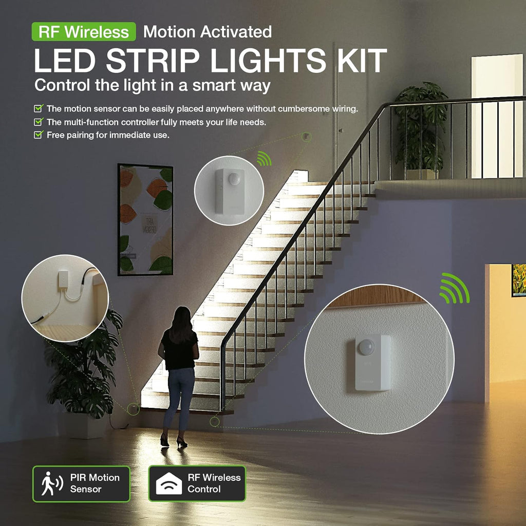 RAYZEEK Wireless Motion Activated LED Strip Lights,19.7FT LED Strip Lights with Power Adapter,RF Wireless Motion Sensor Control Dimmer,Timing,Cool White (1×Controller+2×Motion Sensor)