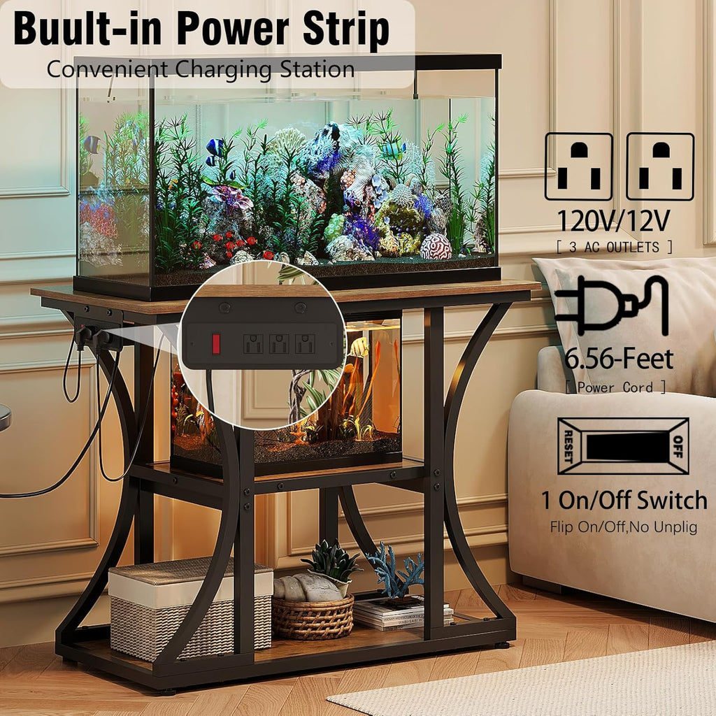 50 Gallon Aquarium Stand with Power Outlets Fish Tank Stand with 3-Tier Storage Shelves Display Stand for Turtle Tank Shelves Metal Frame Stand for Living Room Office Entryway,Brown