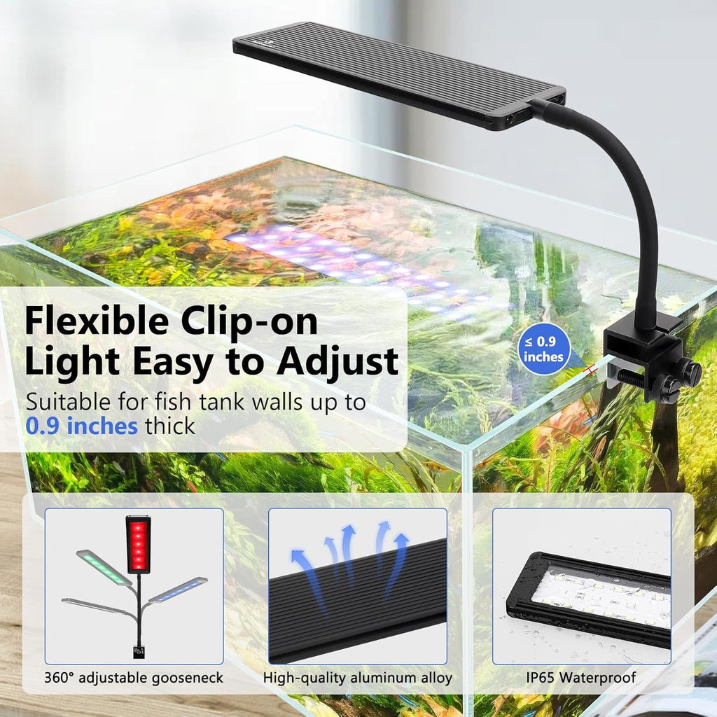 fishkeeper Clip On Aquarium LED Light, 24/7 Mode Full Spectrum Fish Tank Light with Timer, Adjustable 8 Color / 5 Brightness Simulate Sunrise-Day-Sunset-Moon for 11.81-16.92 inch Planted Tank 12W