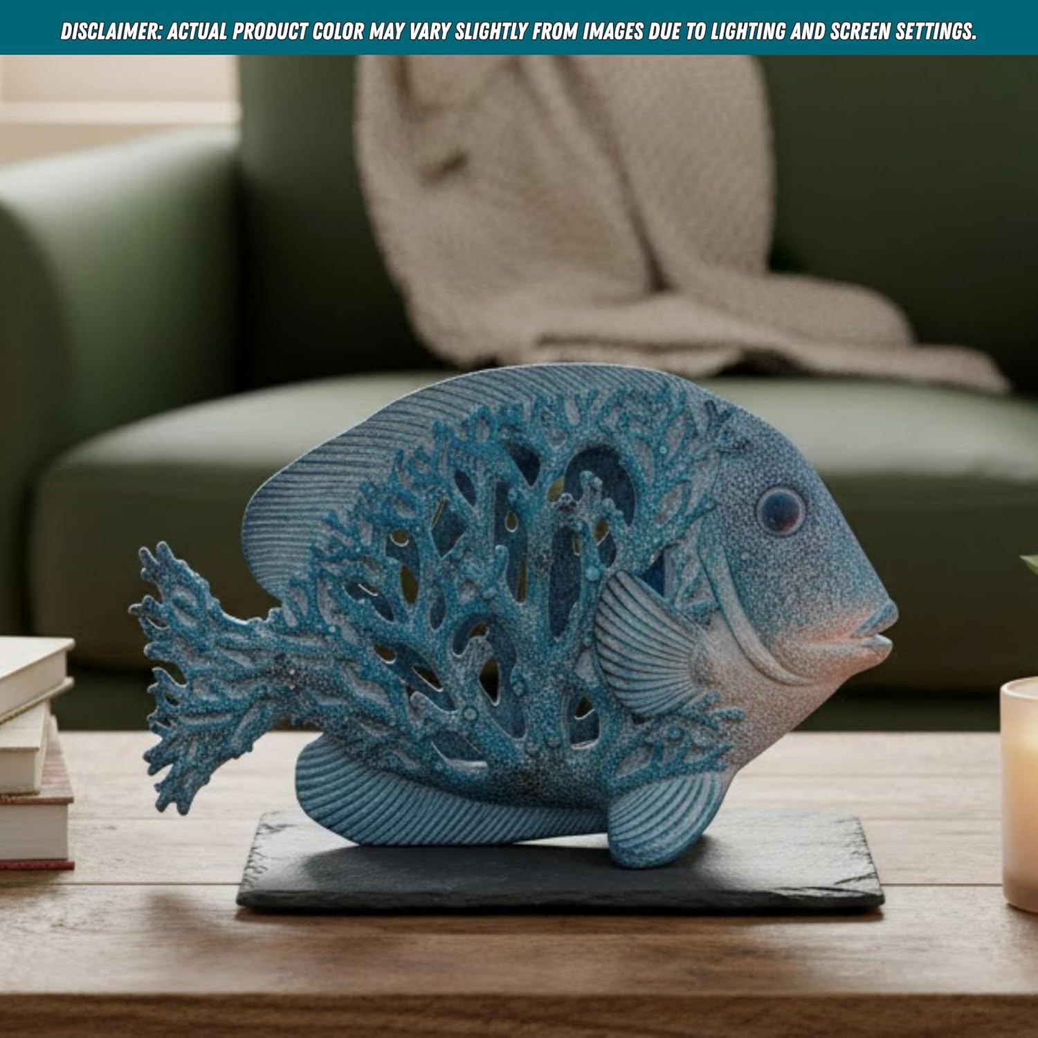 Coral Reef Fish Figurine Coastal Home Decor Ocean Themed Accent for Shelf, Countertop & Centerpiece 12 1/2 in (Blue)