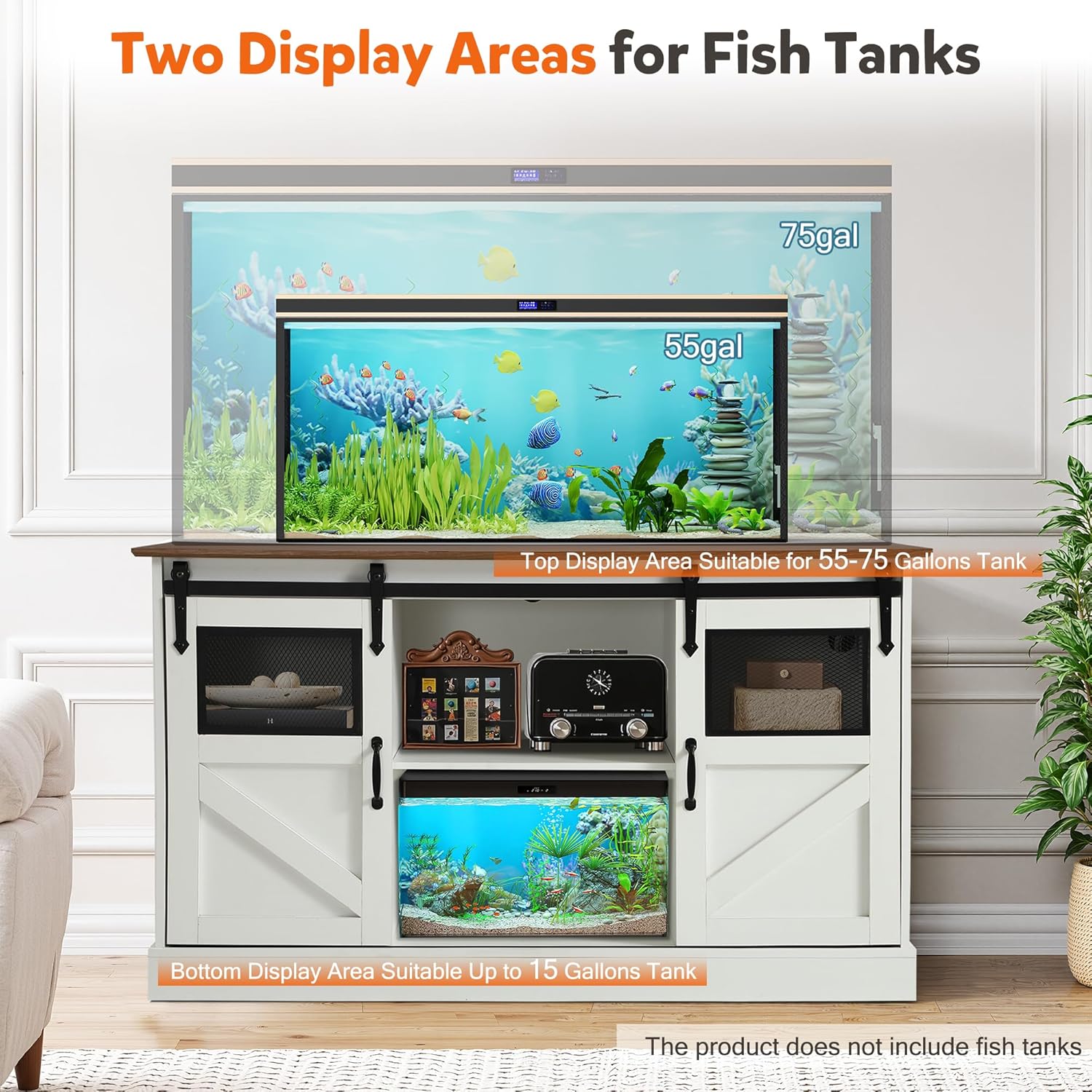 Fish Tank Stand with Power Outlet, Aquarium Stand w/Sliding Barn Doors, 55-75 Gallon Fish Tank Stand w/Cabinet for Accessories Storage for 2 Fish Turtle Tank Reptile Terrarium, 1000 LBS (White)