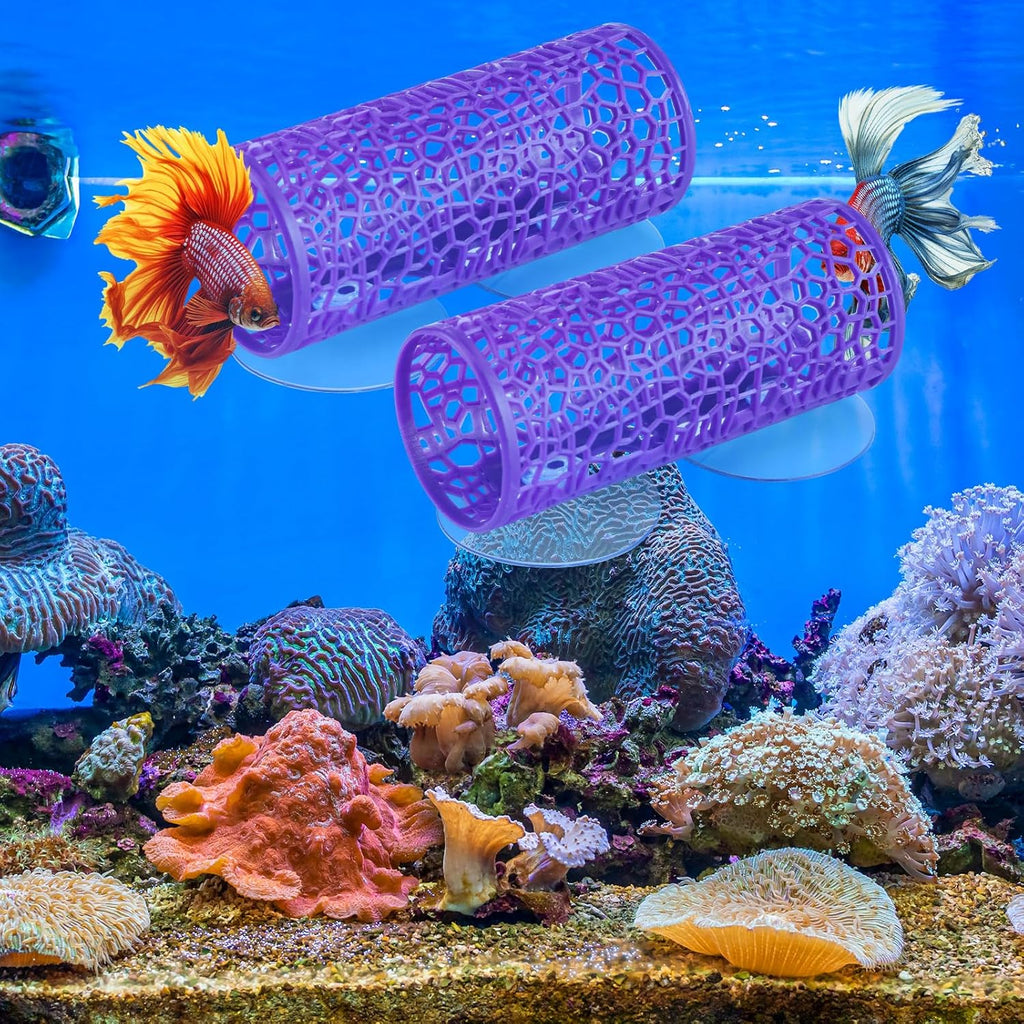 Honeydak 2 Pcs Betta Fish Tank Accessories Betta Tunnel Fish Toys Safe Hollow Hammock Cave Aquarium Decor with Suction Cups for Small Shrimp Reptile Guppies(Purple,Hideout Tube)