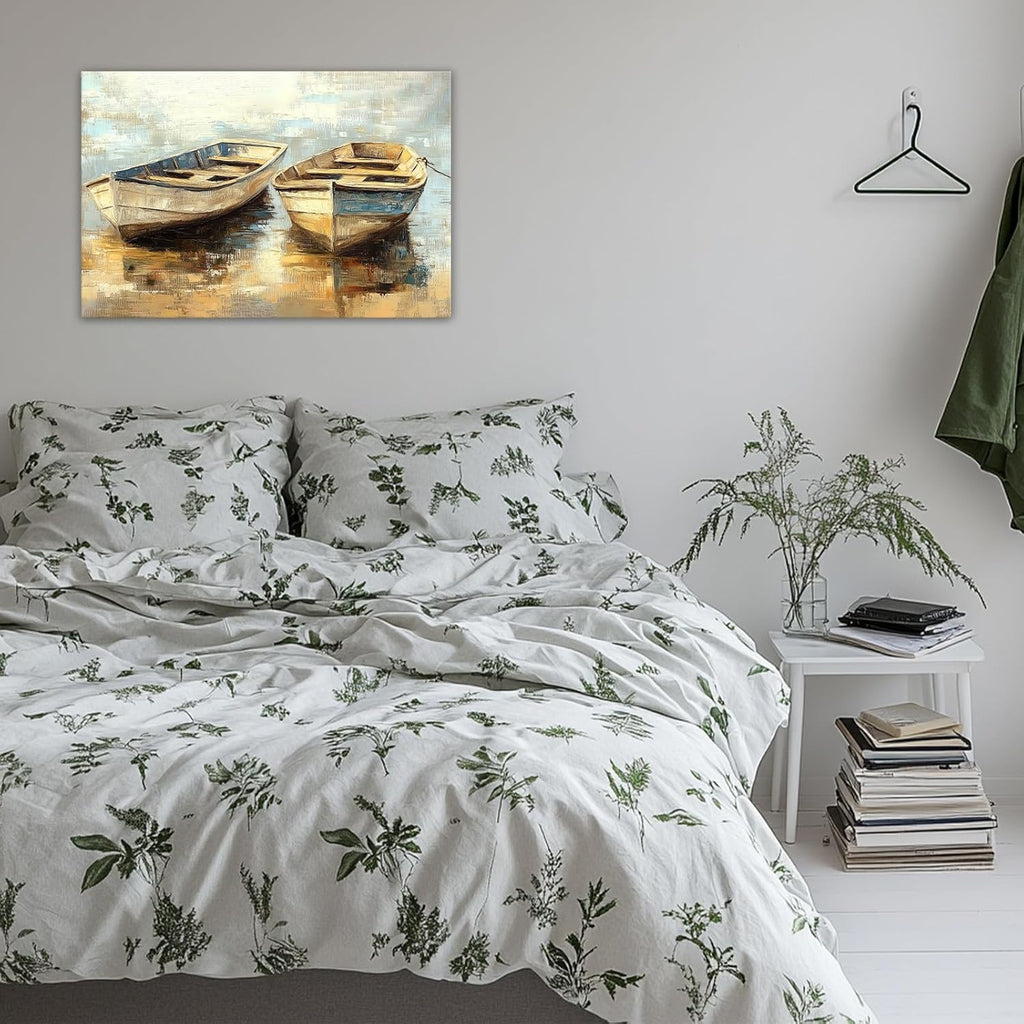 GLOKAKA Rustic Beach Boat Canvas Wall Art Retro Ship Poster Coastal Landscape Painting Prints Abstract Ocean Theme Artwork for Bathroom Bedroom Farmhouse