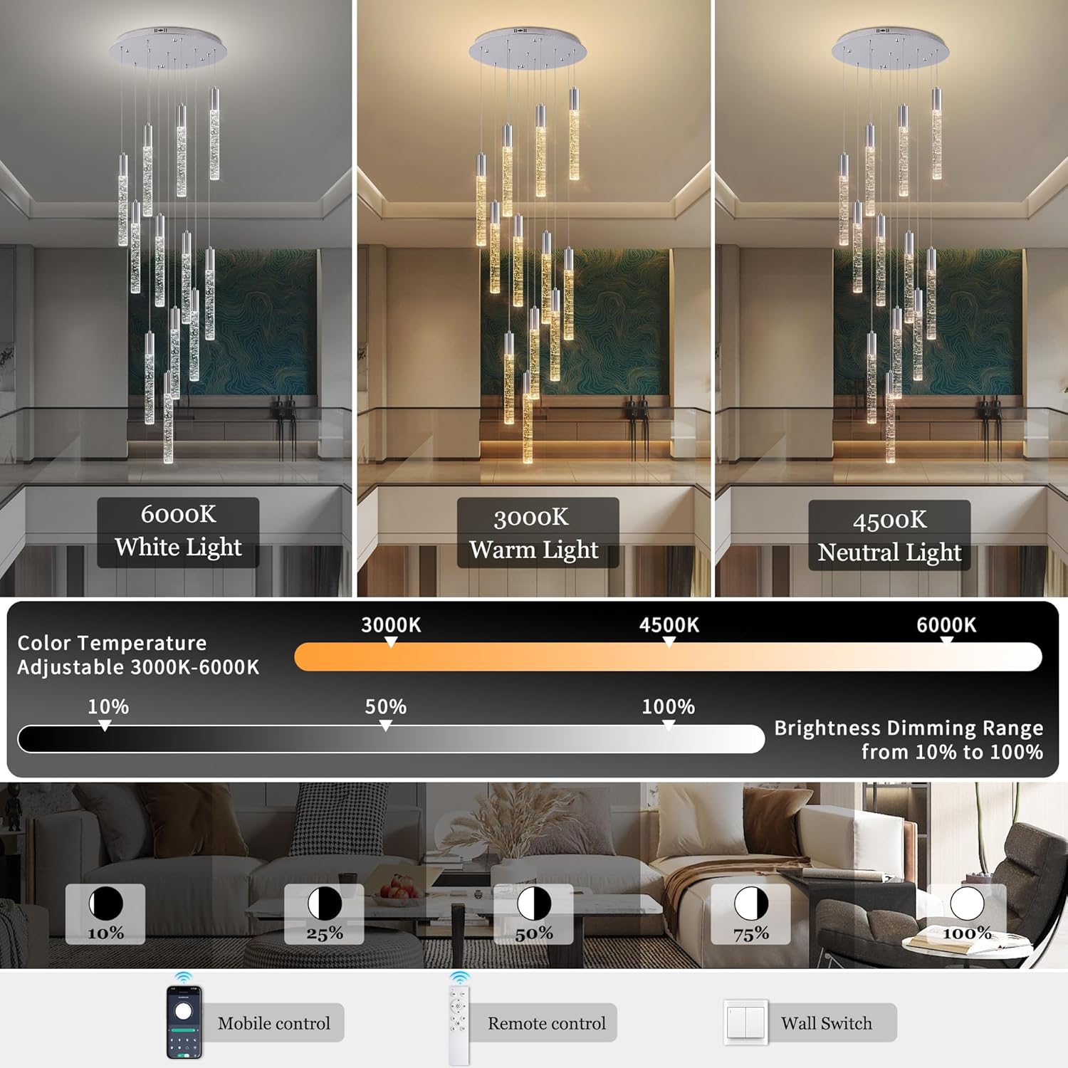 Modern High Ceiling Crystal Chandelier 12-Lights, Large Spiral LED Raindrop Foyer Pendant Lighting, Bubble Staircase Living Room Hanging Light Fixture Flush Mount Chrome