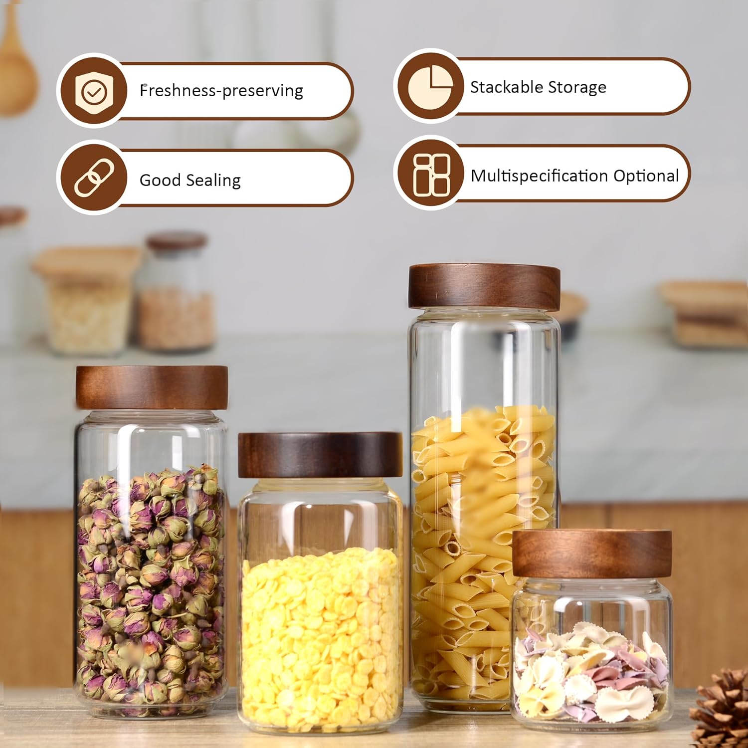 40 fl oz/1200 ml Glass Jar with Airtight Wooden Screw Top Lid, Clear Stackable Food Storage Canister, Large Tall Decorative Glass Container for Coffee, Candy, Cookie, Sugar, Oatmeal, Pasta