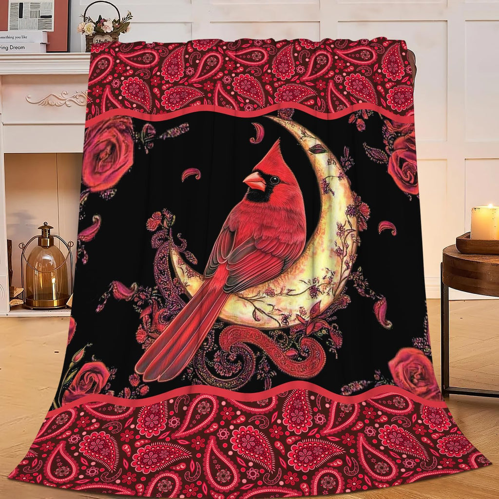 Cardinal Blanket Cardinals Moon Throw Red Bird Christmas Blanket Flannel Stuff Merch Cozy Decor Fleece Plush Fuzzy Warm Soft Lightweight Bedding Gifts for Lover Girls Women Men Boy Couch Sofa 50"X40"