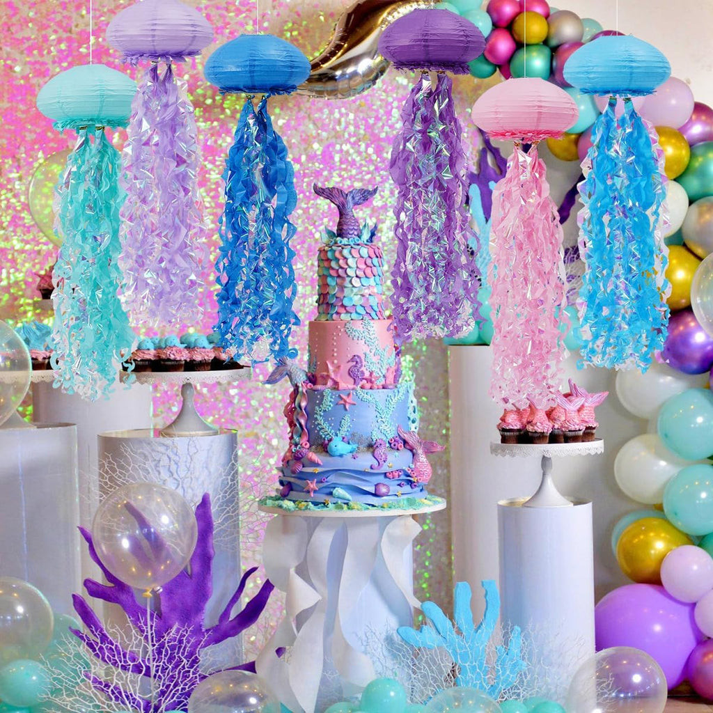 Mermaid Birthday Decorations, Jellyfish Paper Lanterns for Ocean Mermaid Baby Shower Under The Sea Party Decorations Pack of 6 Colorful
