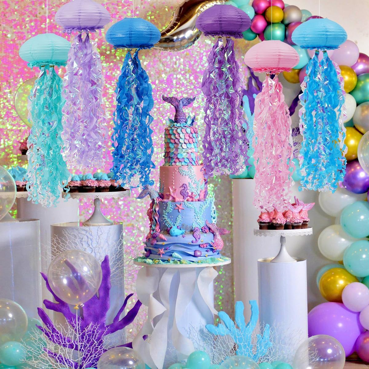 Mermaid Birthday Decorations, Jellyfish Paper Lanterns for Ocean Mermaid Baby Shower Under The Sea Party Decorations Pack of 6 Colorful