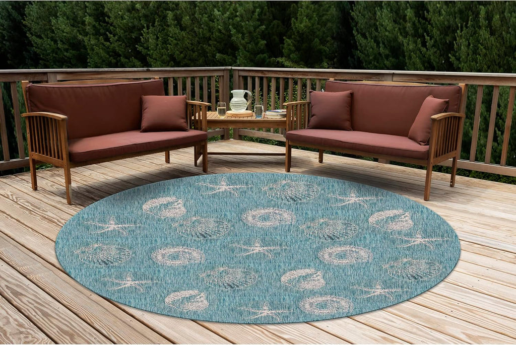 Liora Manne CARMEL Indoor/Outdoor Power Loomed Synthetic Blend Low Profile Area Rug - Transitional Coastal Seashell Decorative (Shells Aqua) (7'10" Round)