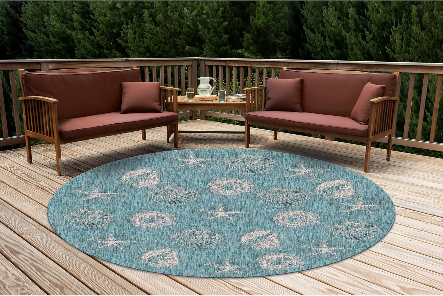 Liora Manne CARMEL Indoor/Outdoor Power Loomed Synthetic Blend Low Profile Area Rug - Transitional Coastal Seashell Decorative (Shells Aqua) (7'10" Round)