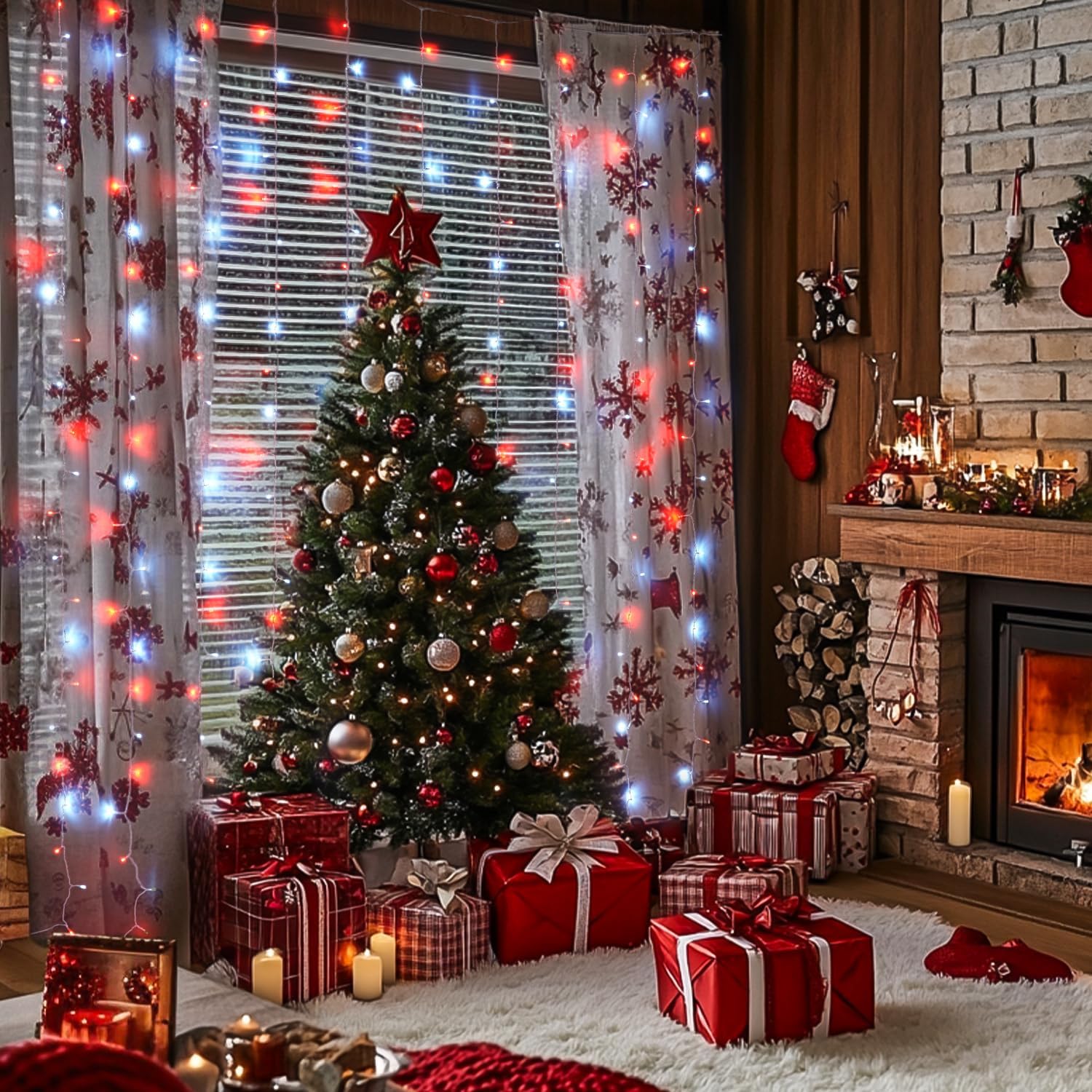 JMEXSUSS 300LED Red and White Christmas Curtain Lights with Remote, 9.8x9.8ft Christmas String Lights Plug in, 8 Modes Twinkle Hanging Fairy Lights for Bedroom Window Wall Porch Indoor Outdoor Decor