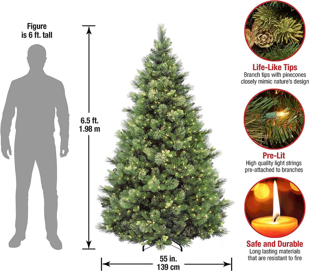 National Tree Company 6.5 ft Pre-Lit Carolina Pine Artificial Christmas Tree, 650 Clear Lights, 911 Tips, Includes Stand, Green