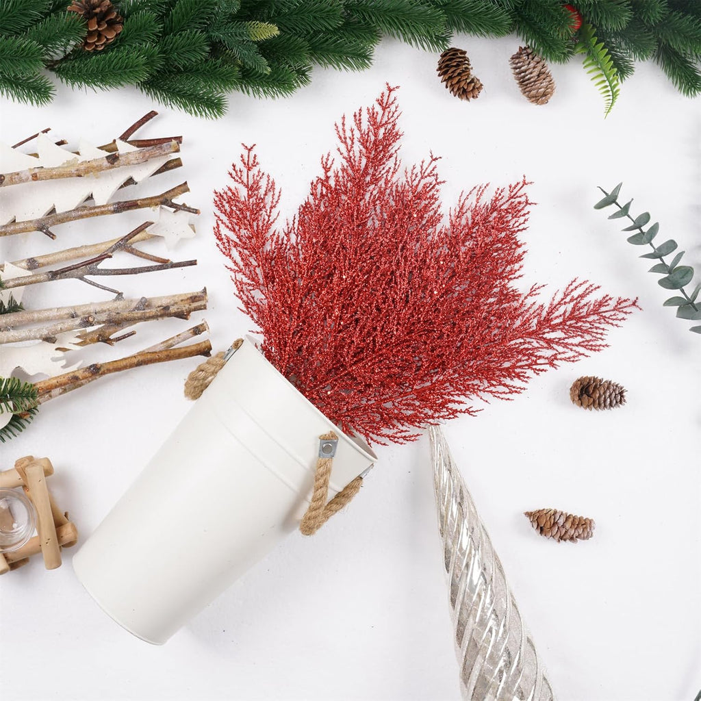 Christmas Glitter Twigs 24pcs Artificial Pine Tree Picks for Christmas Tree Ornaments fillers, DIY Xmas Wreath, Crafts, Garland, Holiday, Party, Wedding and Home Decoration (Red)
