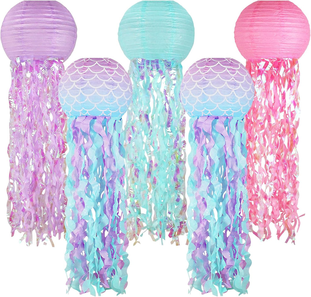 Mermaid Birthday Decorations, Jellyfish Paper Lanterns Pink Lavender Blue Mermaid Scales Hanging Lantern for Baby Shower Theme Under The Sea Ocean Birthday Party Decorations Set of 5