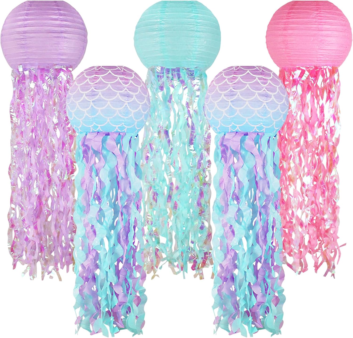 Mermaid Birthday Decorations, Jellyfish Paper Lanterns Pink Lavender Blue Mermaid Scales Hanging Lantern for Baby Shower Theme Under The Sea Ocean Birthday Party Decorations Set of 5