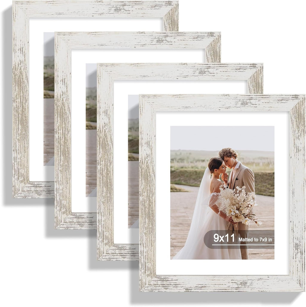 9x11 Picture Frame Set of 4, Made of Real Glass and Distressed White Frame - Display Picture 7x9 with Mat or 9x11 Without Mat, 9 by 11 Photo for Wall or Tabletop