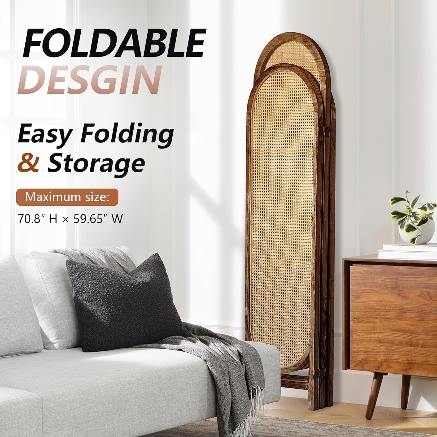 5.9 Ft Tall Hand-Woven Rattan Room Divider 3 Panels, Wood Room Divider Panel, Folding Screen Divider Wall, Wall Divider for Room Separation, Folding Privacy Screen, Home Office - Brown