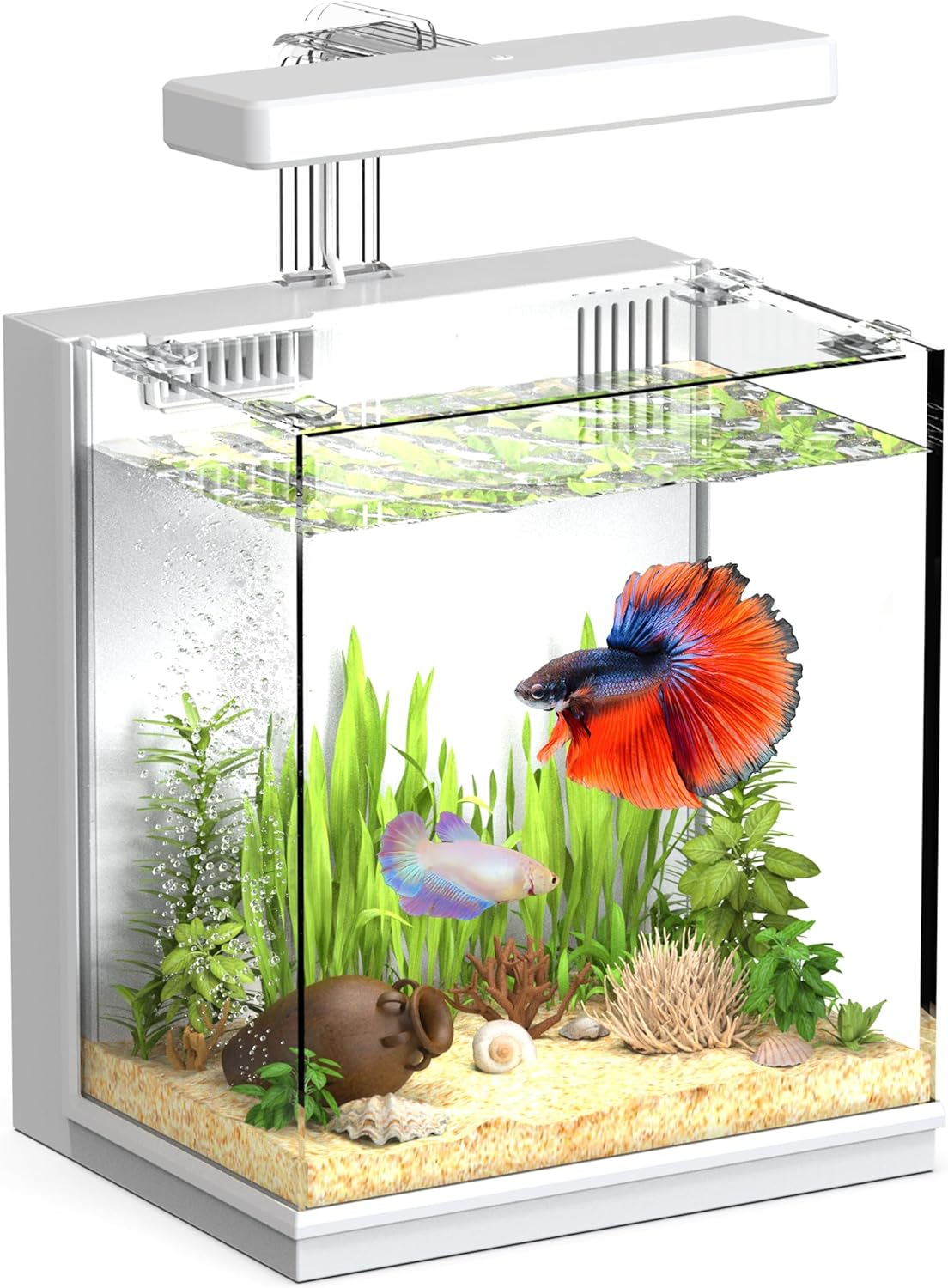 2-Gallon All-in-One Fish Tank – Silent Pump, 3-Stage Filtration & Easy Water Change, Perfect Self-Care Betta Aquarium Kit for Kids & Beginners (White
