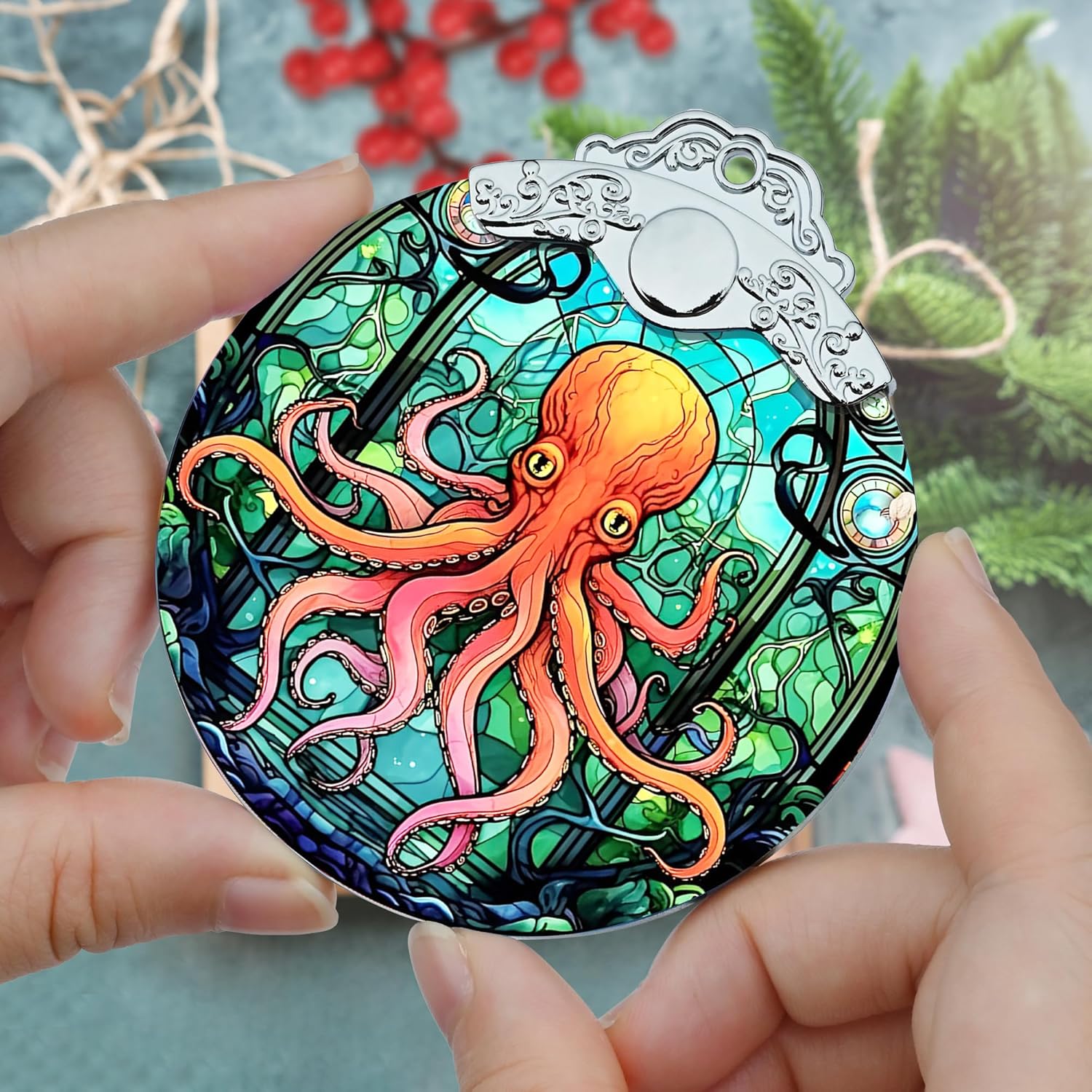 Stained Glass Christmas Ornament, Jocidea Octopus Christmas Decorations, Christmas Tree Ornament, Octopus Lovers Gifts, Holiday Decor and Xmas Gifts Ideas