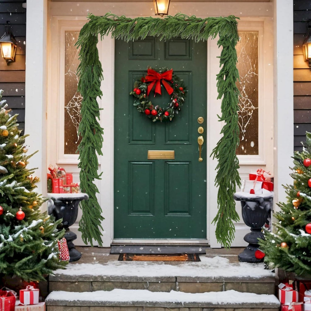 9FT Christmas Artificial Norfolk Pine Garlands for Mantle Fireplace, Real Touch Faux Greenery Pine Garland for Holiday Xmas Decorations