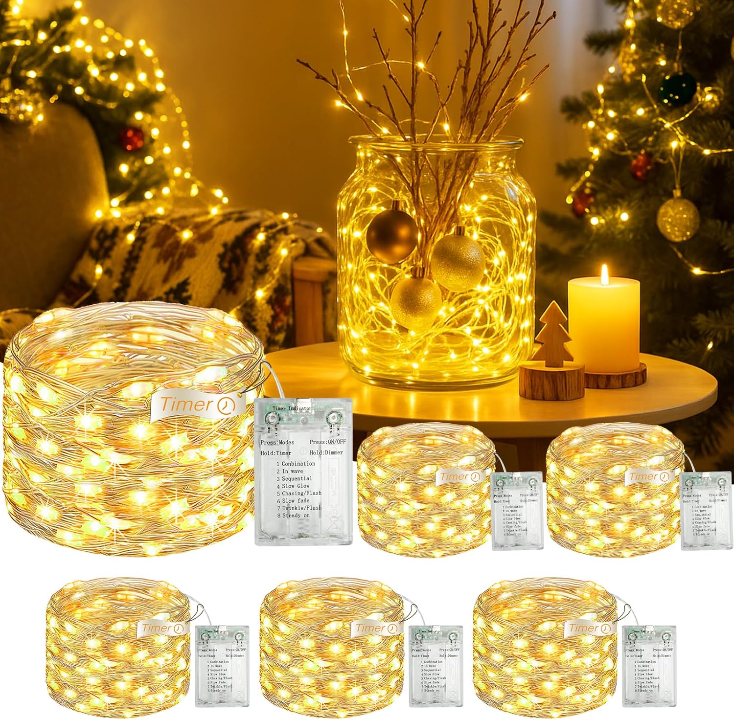 6 Pack 16FT 50 LED Fairy Lights Battery Operated with Timer, 8 Modes USB Mini Twinkle Light, Small String Lights for Christmas Tree Wreath Vase Bedroom DIY Wedding Decorations-Warm White
