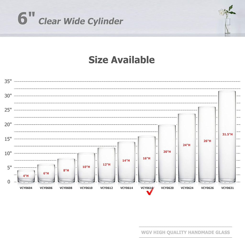 WGV Cylinder Vase Bulk, Width 6", Height 16", Clear Glass Container Terrarium Candle Holder for Wedding Centerpiece, Party Event, Home Office Decor, 6 Pieces